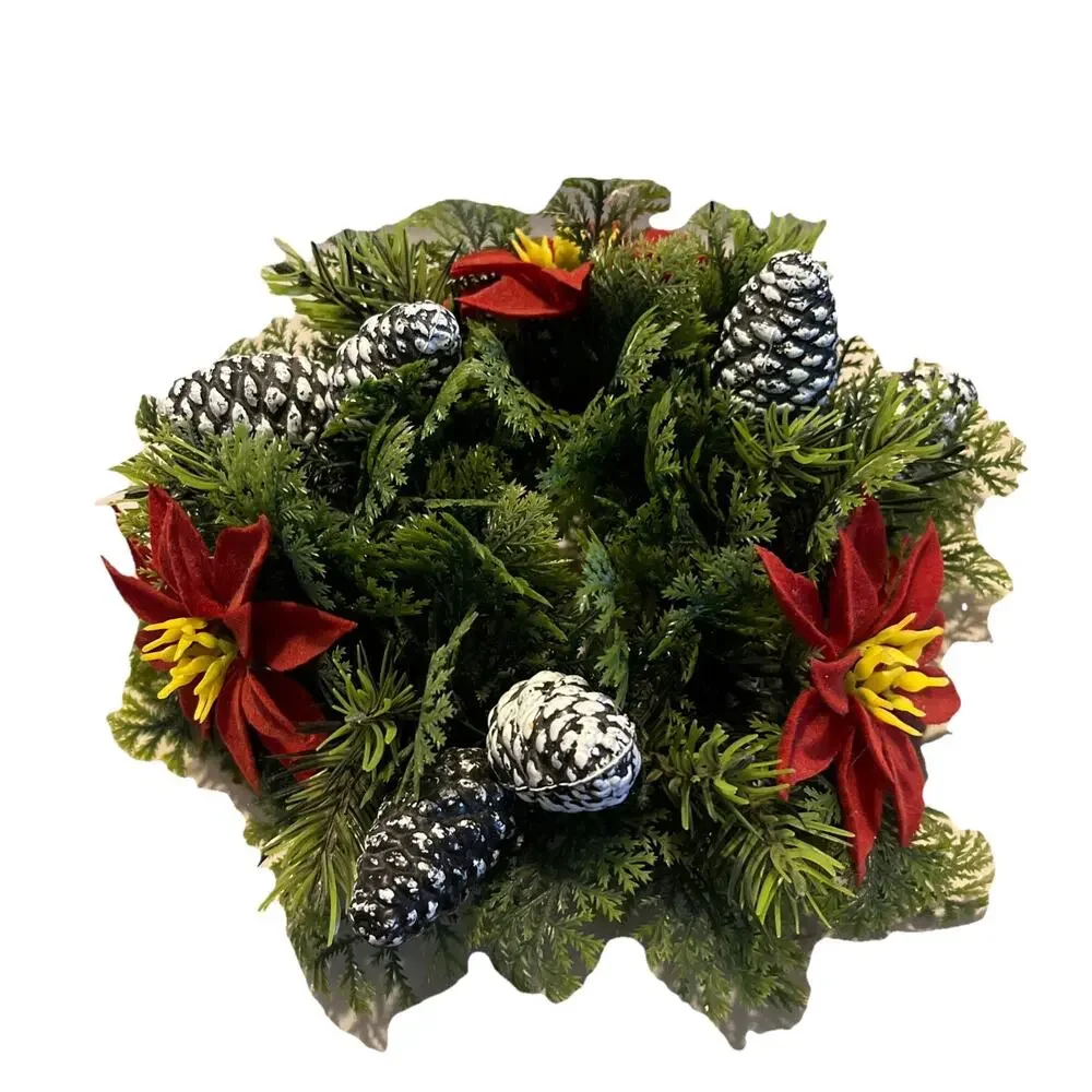Vintage Christmas Candle Ring Wreath Plastic Poinsettia Pinecones Holiday Decor